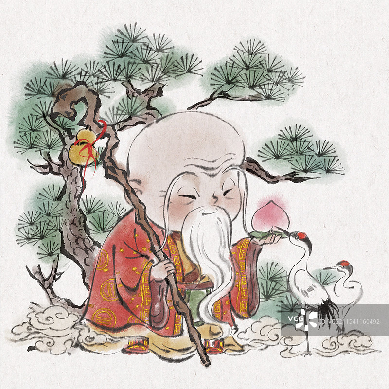 水墨寿星松鹤延年图片素材