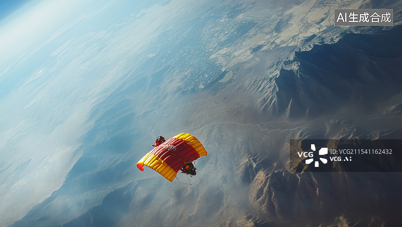 【AI数字艺术】一位滑翔伞运动员在广阔的田野上空飞行的场景。背景是蓝天白云，远处可以看到连绵的山脉和一些房屋。图片素材