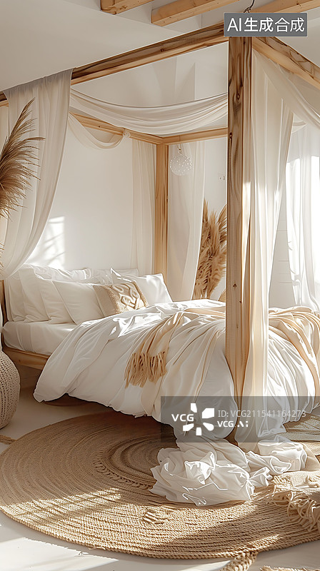 【AI数字艺术】3D渲染高级感新中式木质的卧室床图片素材