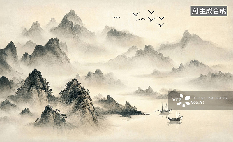 【AI数字艺术】一幅典型的中国传统山水画，画面中有一艘小船在平静的水面上航行，背景是连绵起伏的山峦和树木。画风细腻，图片素材