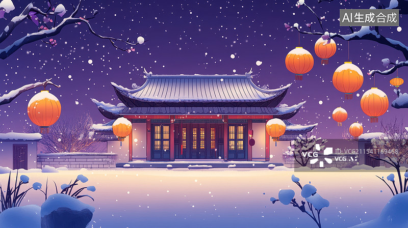 【AI数字艺术】冬天夜晚树上挂着灯笼，远处是瓦屋面的古建筑，唯美卡通新年春节喜庆节日插画背景图片素材