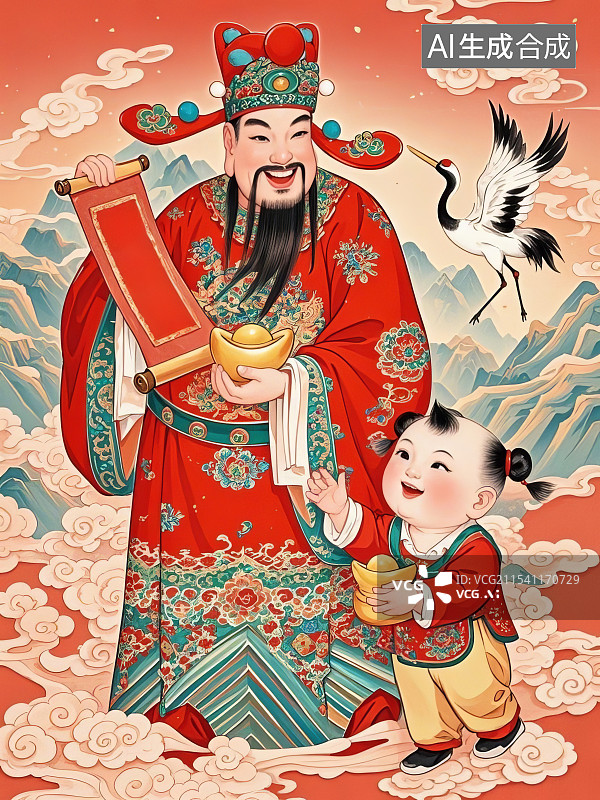 【AI数字艺术】福星寿星财神爷与童子插画年画图片素材