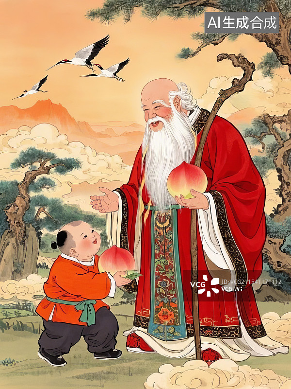 【AI数字艺术】福星寿星财神爷与童子插画年画图片素材