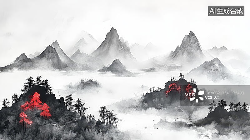 【AI数字艺术】水墨山水画朦胧景色图图片素材