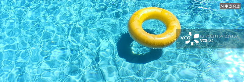 【AI数字艺术】彩色充气游泳圈漂浮在晶莹剔透的水面上，呈现阳光泳池场景。完美的夏日度假和休闲概念，色彩鲜艳，细节精美图片素材