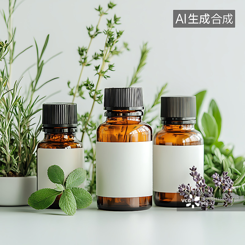 【AI数字艺术】兽医药品瓶子和罐子，带有生动专业的标签，干净的白色背景，柔和的自然光线，装饰元素如新鲜草药和爪子主题图片素材