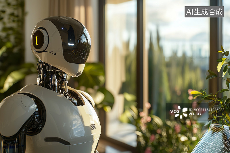 【AI数字艺术】窗边观察景色的智能机器人图片素材