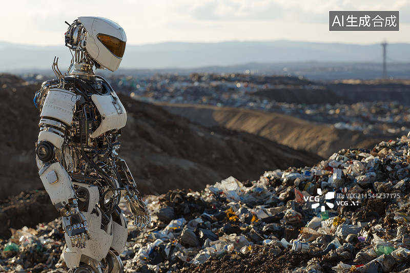 【AI数字艺术】机器人在废品堆中观察资源回收图片素材