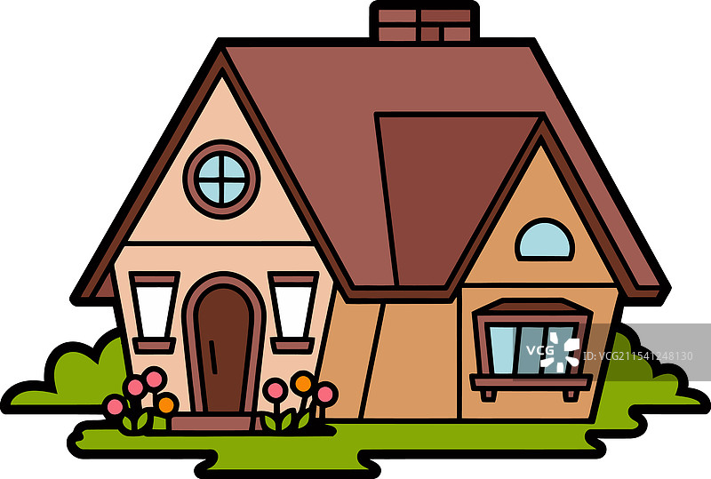 舒适的卡通房子，旁边有绿色灌木和花朵图片素材