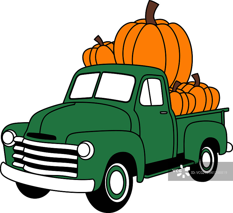 装满巨型南瓜的绿色皮卡车图片素材
