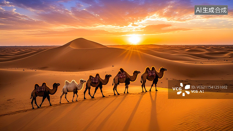 【AI数字艺术】夕阳下金色沙漠中的骆驼队图片素材