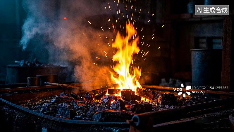 【AI数字艺术】昏暗的铁匠铺火塘里熊熊烈火图片素材
