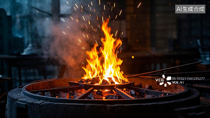 【AI数字艺术】昏暗的铁匠铺火塘里熊熊烈火图片素材