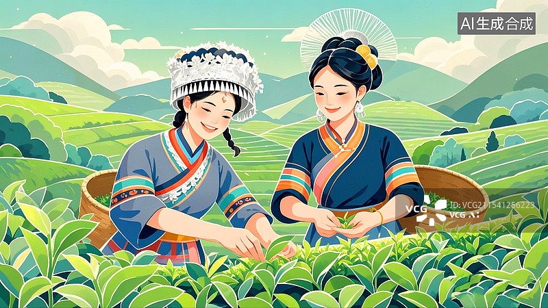 【AI数字艺术】茶园苗族少女采茶插画图片素材
