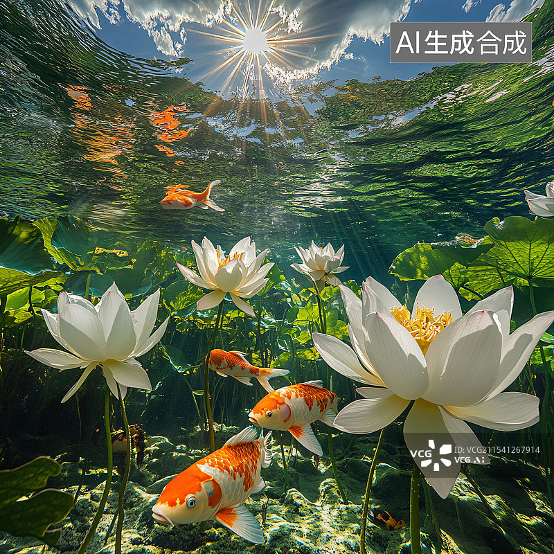 【AI数字艺术】水下摄影、几条锦鲤、鱼在荷花中游动、C4D图片素材