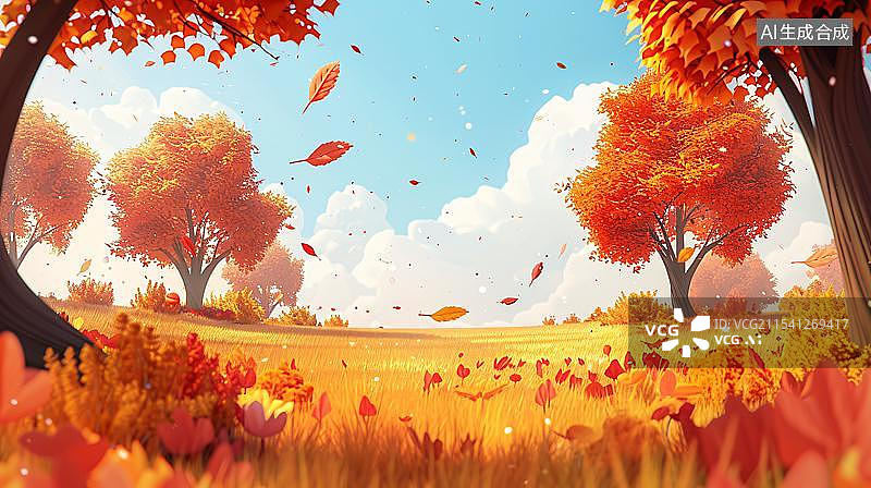 【AI数字艺术】秋日红叶林道 枫叶飘零图片素材