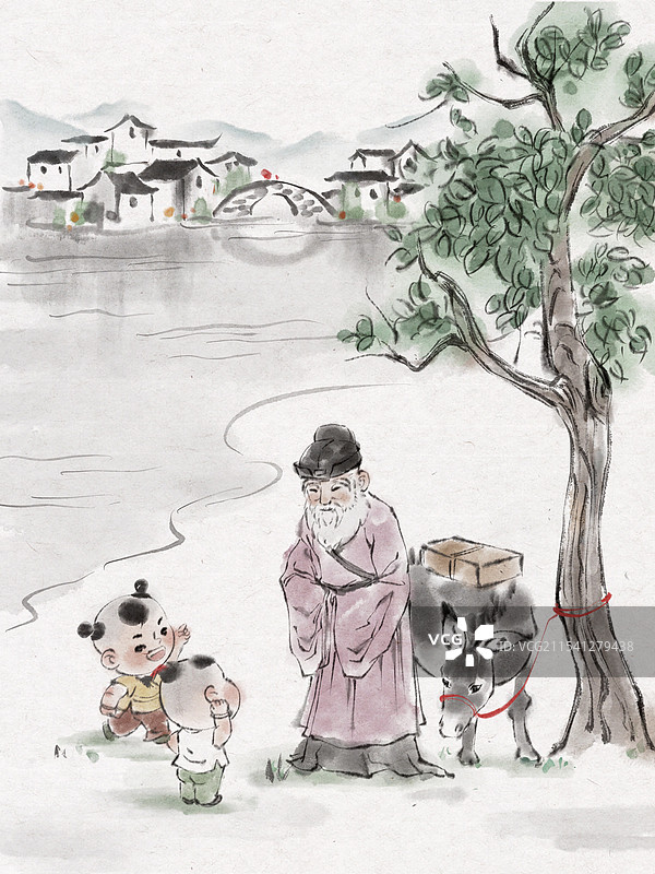 古诗词插画回乡偶书图片素材