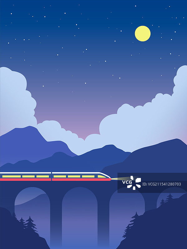 夜晚星空下行驶的火车图片素材