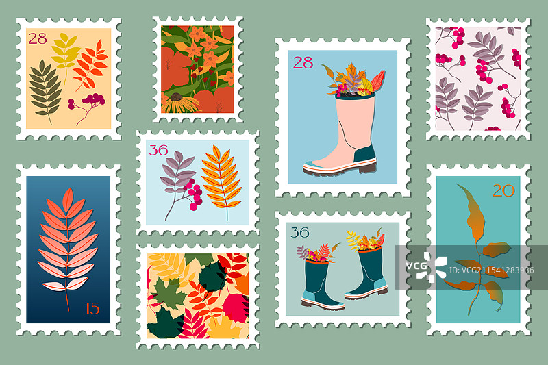 邮票套装，各种图标的组合图片素材