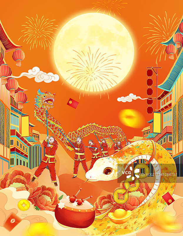 国潮风2025蛇年元宵节插画 金蛇迎春国风贺岁图 元旦新年喜庆逛庙会 敲锣打鼓 舞龙 竖版图片素材