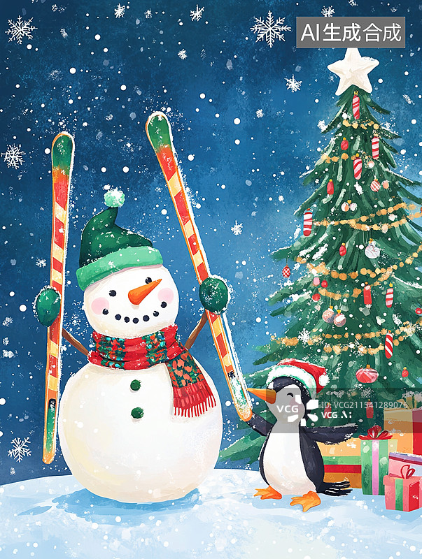 【AI数字艺术】圣诞节与企鹅一起庆祝的雪人图片素材