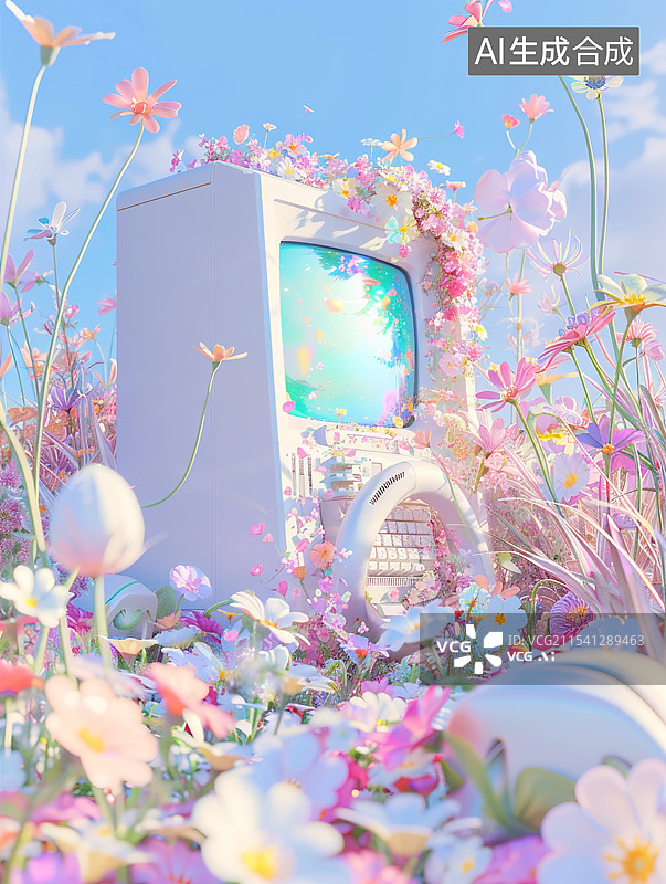 【AI数字艺术】老式电视机与花朵图片素材