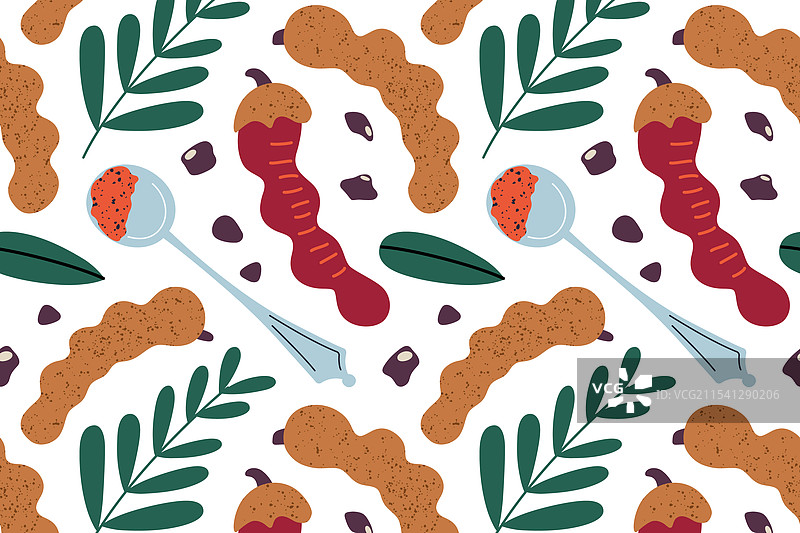 罗望子香料图案，带有叶子、荚和种子图片素材