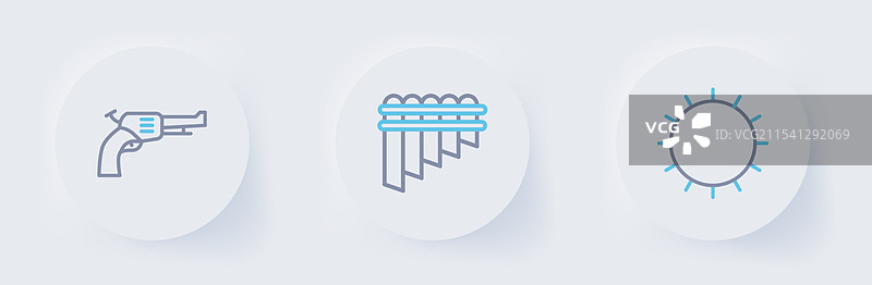 太阳、排箫和左轮手枪图标的线条设计图片素材