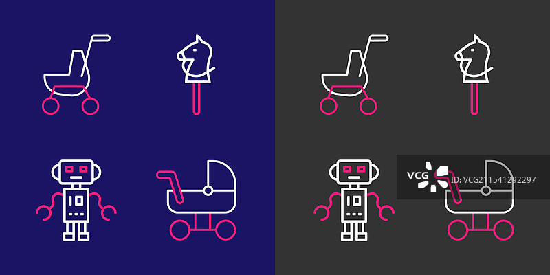 婴儿推车、机器人玩具、玩具马和其他玩具的组合图片素材