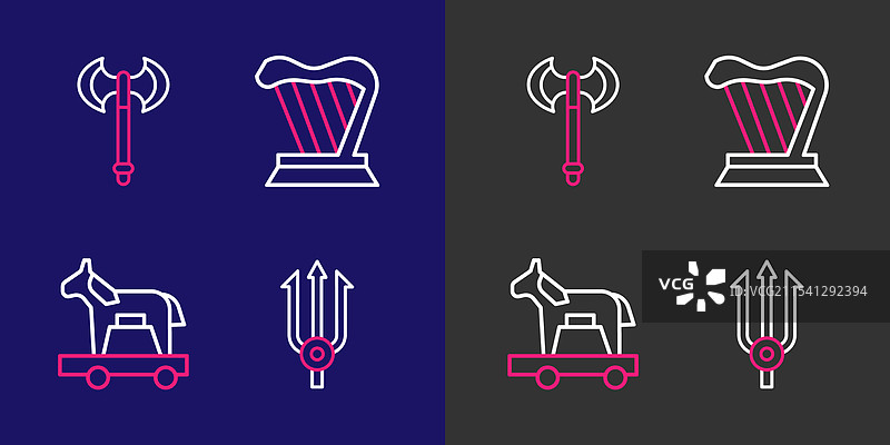 设定线条：海王星、三叉戟、特洛伊木马、竖琴和图片素材