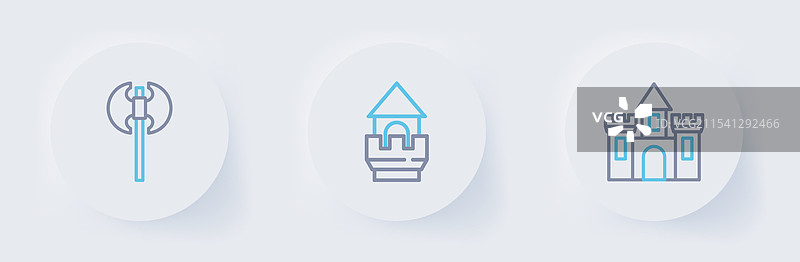 城堡、要塞、塔楼和中世纪斧头的线条图图片素材