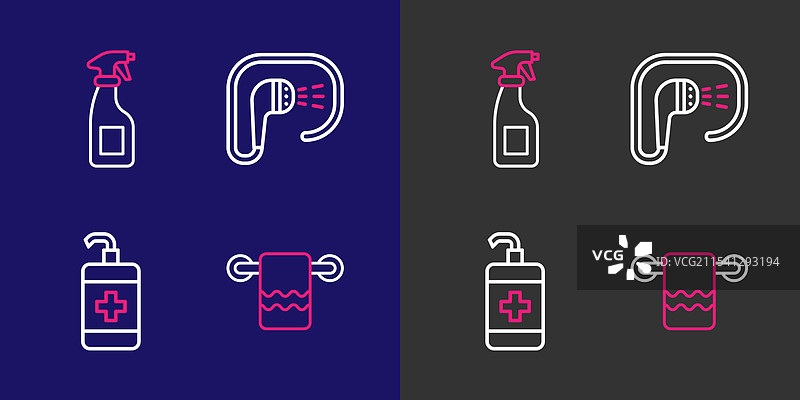 将毛巾挂在晾衣架上，旁边放着一瓶洗手液。图片素材