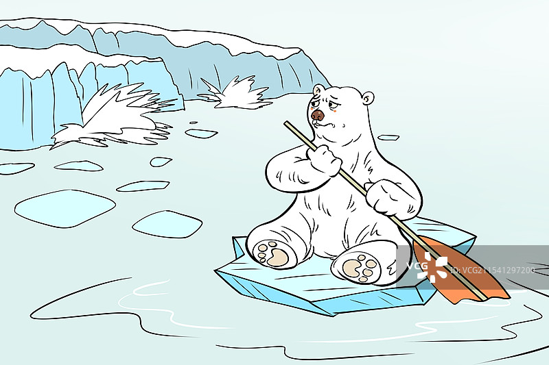 环境保护加速融化的冰川浮冰上的北极熊卡通漫画风格插画图片素材