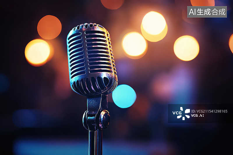 【AI数字艺术】灯光绚丽的舞台上的麦克风特写图片素材