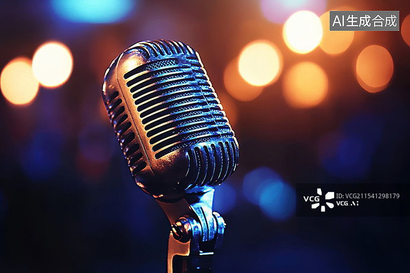 【AI数字艺术】灯光绚丽的舞台上的麦克风特写图片素材