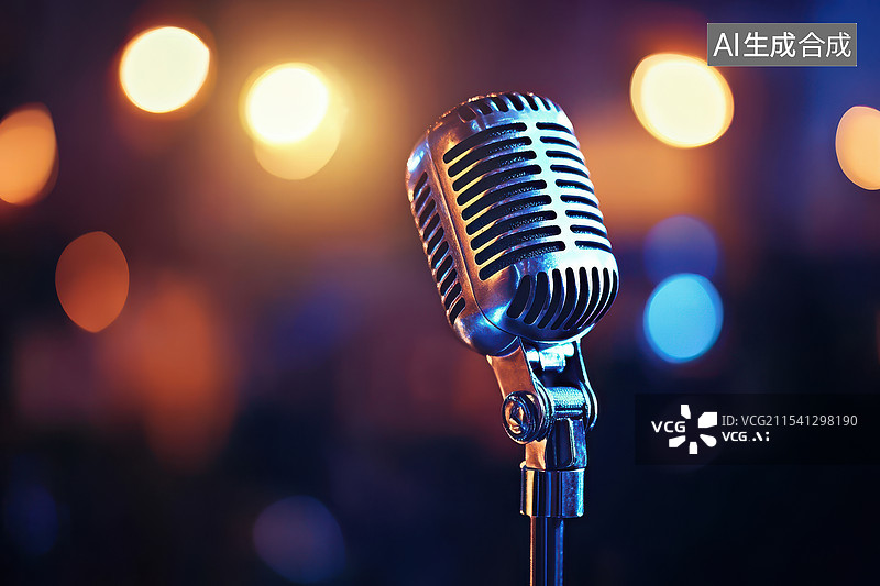 【AI数字艺术】灯光绚丽的舞台上的麦克风特写图片素材