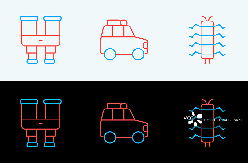 设置线条蜈蚣昆虫、双筒望远镜和汽车图标图片素材