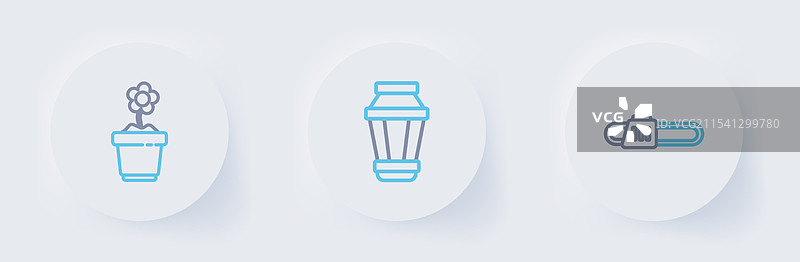 电锯、花园灯、灯具和花卉的组合图片素材