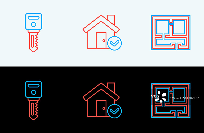 带有勾选图标的线条房屋平面图钥匙图片素材