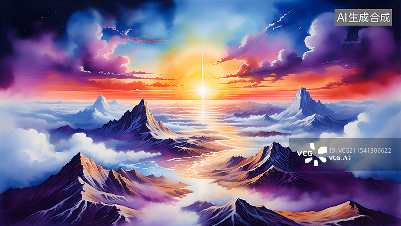 【AI数字艺术】水彩风景插画 日落时的壮观天空景色图片素材