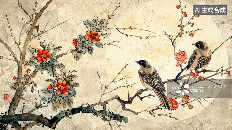 【AI数字艺术】中国工笔花鸟装饰画图片素材