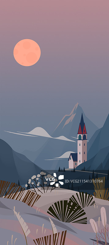 山谷夕阳冬季插画图片素材