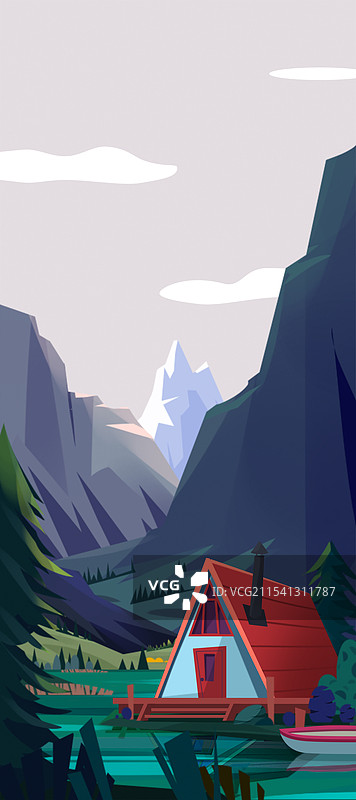 峡谷小屋河流插画图片素材