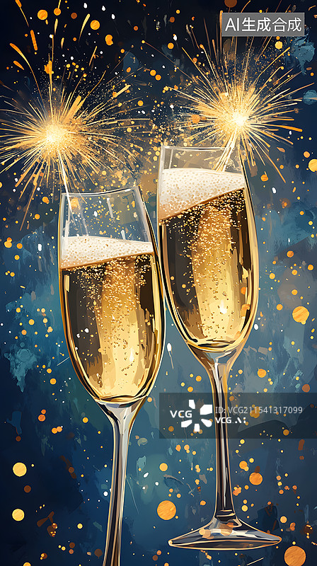 【AI数字艺术】节日香槟酒杯卡通插画图片素材