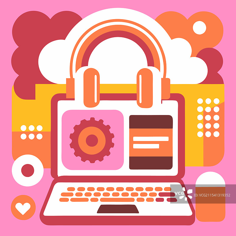 渐变色工作空间，笔记本电脑和耳机图片素材