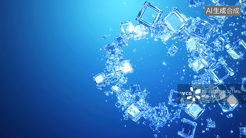 【AI数字艺术】透明立方体冰块构建圆形结构无人机视角的抽象背景科技主题海报和数字媒体的简约蓝色设计图片素材