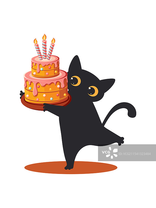 一只卡通黑猫拿着一个五彩缤纷的蛋糕图片素材