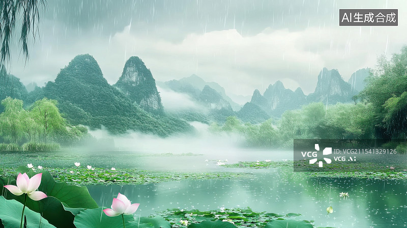 【AI数字艺术】荷花池塘夏天中国风插画图片素材