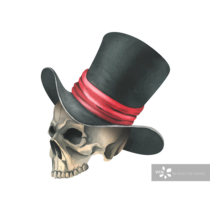 一个戴着红色丝带的黑色礼帽的人类头骨图片素材