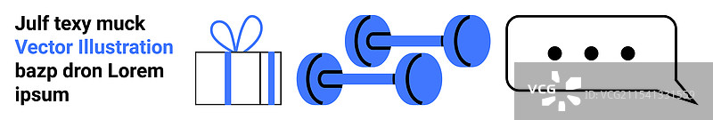 蓝色礼品盒、哑铃和对话气泡图片素材